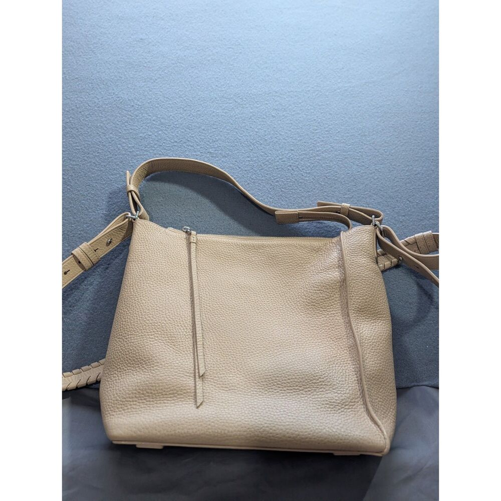 AllSaints Taupe Pebbled Leather Shoulder Bag Hobo Crossbody Whipstitch Strap